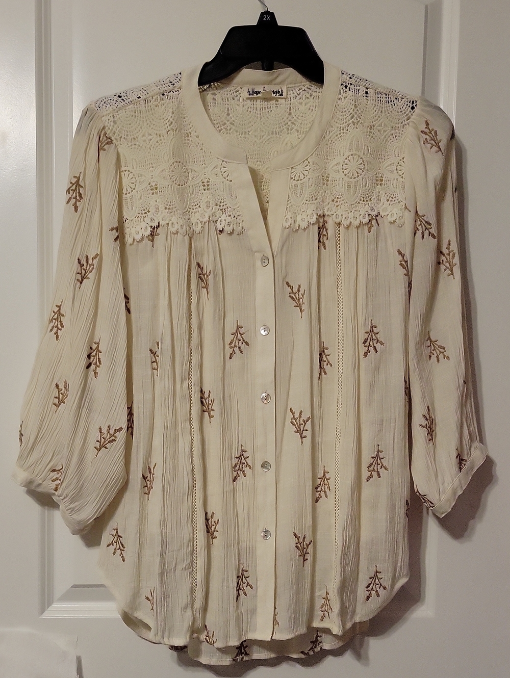 Hope Springs Women's Cream/brown, Lace Details, Large, L/S Blouse. Like New.
